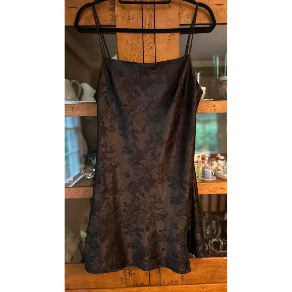 Princess Polly Black Floral Jacquard Mini Dress Shiny Spaghetti Strap Womens 6